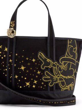 Disney Sorcerer Mickey Mouse Canvas Tote Large Fantasia Black Gold